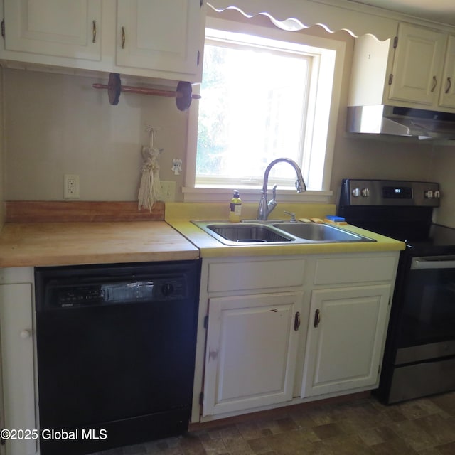60 Bridge St, Broadalbin, NY 12025 - kitchen featuring dishwasher, electric range, under cabinet range hood, and white cabinets