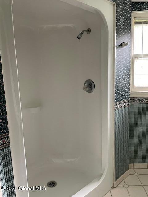 2070 Grand Blvd, Niskayuna, NY 12309 - full bath with wallpapered walls, a stall shower, and tile patterned flooring