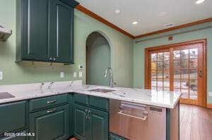 138 Lydon Ln, New Baltimore, NY 12087 - kitchen featuring a peninsula, crown molding, a sink, light countertops, and stainless steel dishwasher