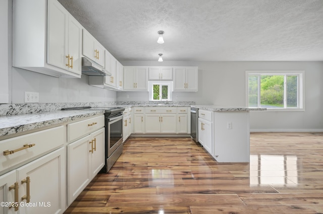 10610 State Highway 7, Worcester, NY 12064 - kitchen with appliances with stainless steel finishes, under cabinet range hood, a textured ceiling, light wood-type flooring, and a peninsula