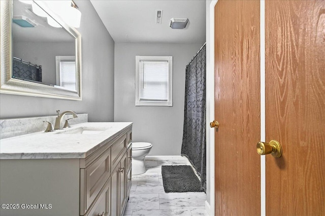 60 Tallow Wood Dr, Clifton Park, NY 12065 - full bathroom featuring marble finish floors, vanity, toilet, baseboards, and a shower with curtain