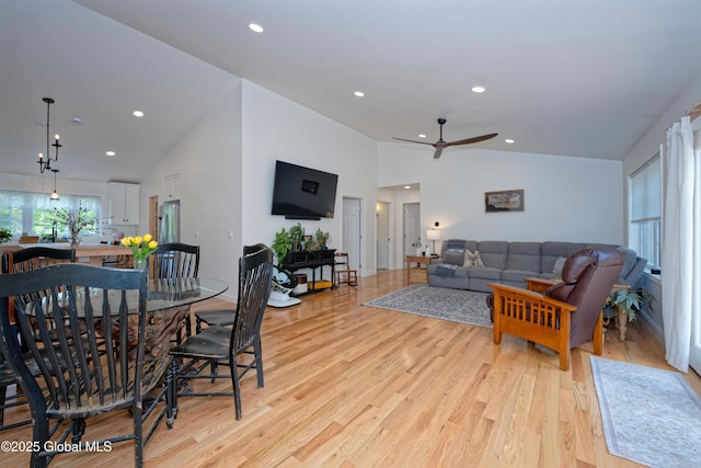 17 Ringwald Rd, Coeymans, NY 12046 - living room featuring light wood finished floors, ceiling fan, recessed lighting, and high vaulted ceiling