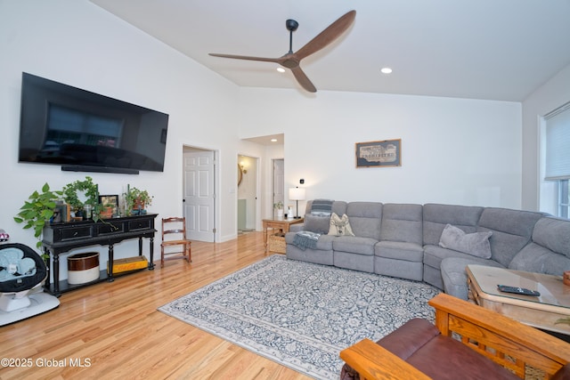 17 Ringwald Rd, Coeymans, NY 12046 - living room featuring a ceiling fan, lofted ceiling, light wood-style flooring, and recessed lighting