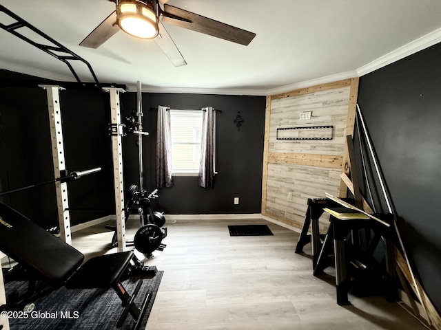 243 N Perry St, Johnstown, NY 12095 - exercise area featuring ornamental molding, baseboards, a ceiling fan, wood finished floors, and wooden walls