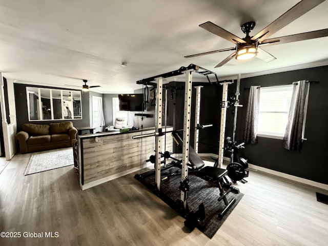 243 N Perry St, Johnstown, NY 12095 - exercise room featuring a ceiling fan, wood finished floors, and baseboards