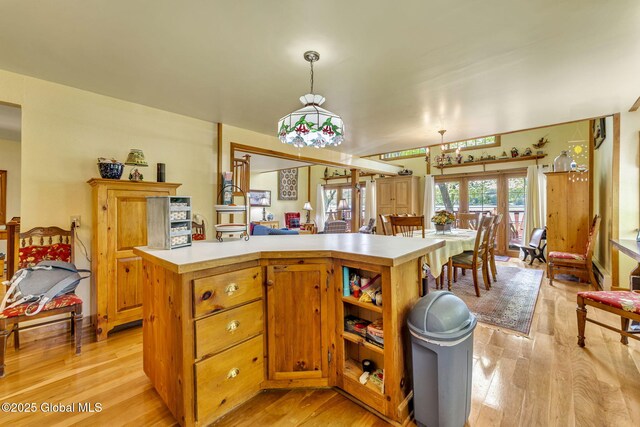2555 County Highway 22, Exeter, NY 13315 - kitchen with light wood-type flooring, light countertops, pendant lighting, and a baseboard heating unit