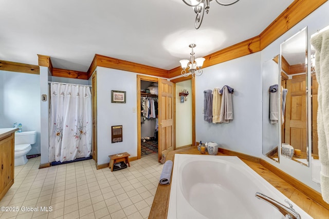 2555 County Highway 22, Exeter, NY 13315 - bathroom featuring a chandelier, toilet, a garden tub, curtained shower, and tile patterned flooring