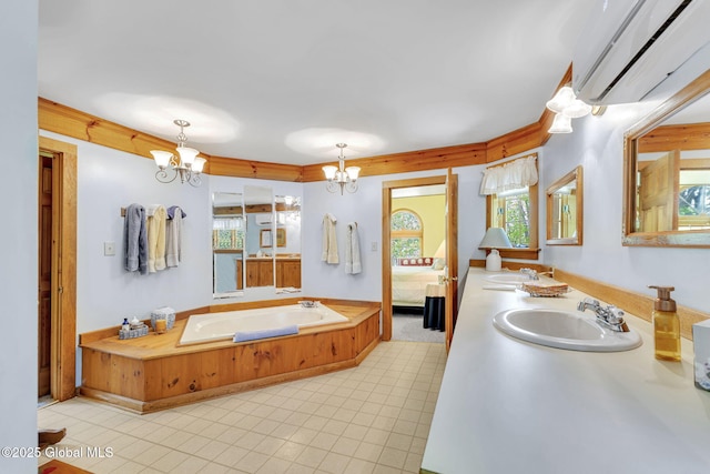 2555 County Highway 22, Exeter, NY 13315 - bathroom featuring a chandelier, an AC wall unit, double vanity, a garden tub, and ensuite bath