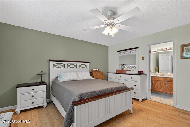 41A Raylinsky Ln, Halfmoon, NY 12118 - bedroom featuring light wood-style flooring, connected bathroom, a textured ceiling, and a ceiling fan
