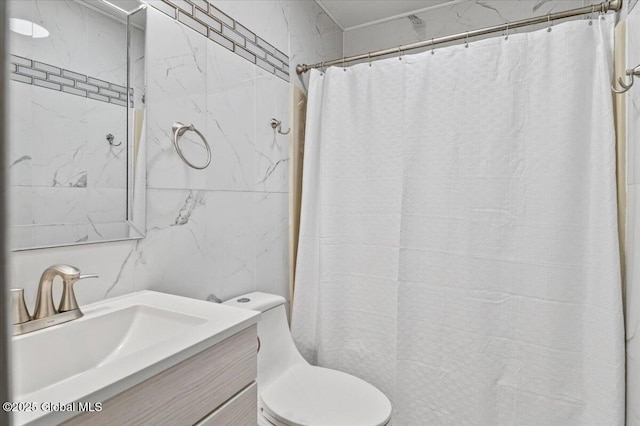 15 Iris Ave, Moreau, NY 12803 - full bath with vanity, toilet, tile walls, and a shower with shower curtain