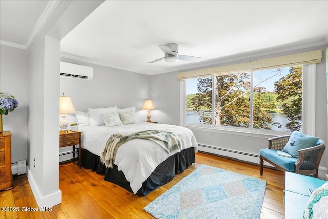 162 Methodist Farm Rd, Sand Lake, NY 12018 - bedroom featuring a baseboard heating unit, a wall mounted air conditioner, wood-type flooring, ornamental molding, and multiple windows