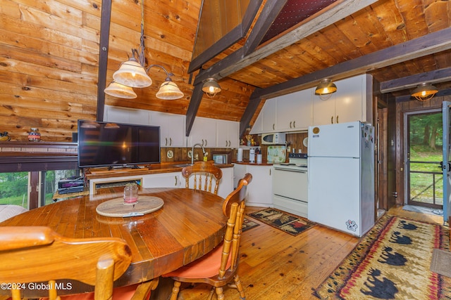 17 Oak Cir, Day, NY 12835 - dining space with light wood-style flooring, wooden ceiling, and wooden walls