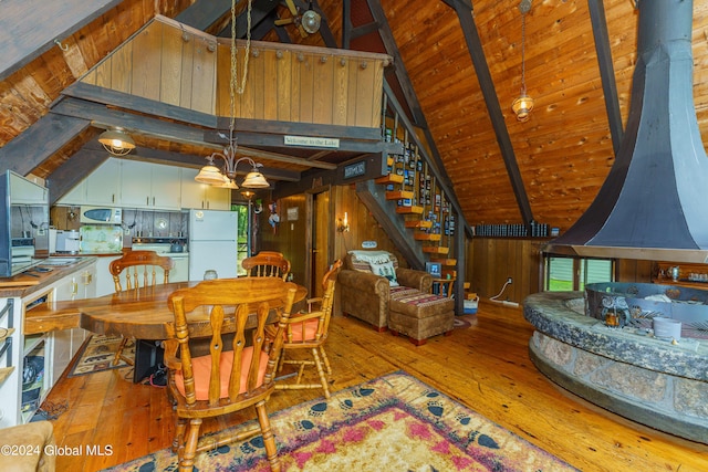 17 Oak Cir, Day, NY 12835 - dining room with wood ceiling, hardwood / wood-style flooring, wooden walls, and stairway