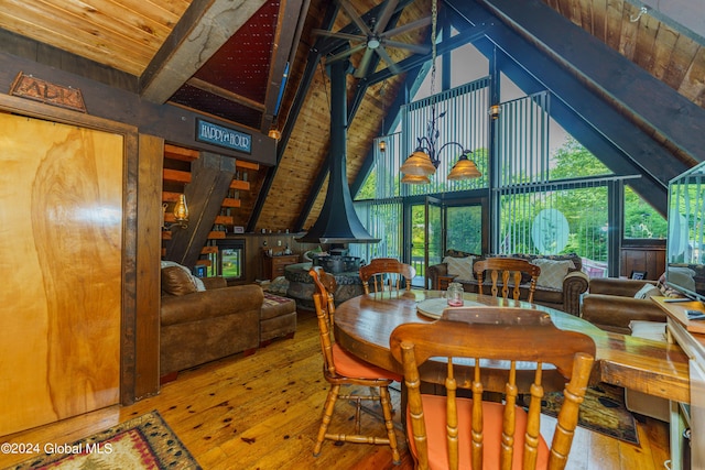17 Oak Cir, Day, NY 12835 - dining space with hardwood / wood-style flooring, a wooden ceiling with exposed beams, and high vaulted ceiling