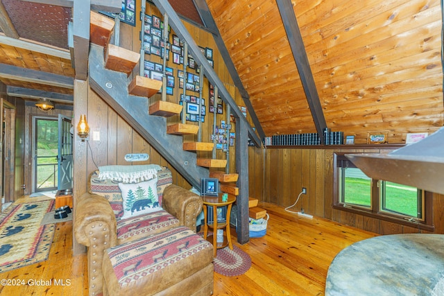 17 Oak Cir, Day, NY 12835 - staircase featuring wood walls, hardwood / wood-style floors, and wood ceiling