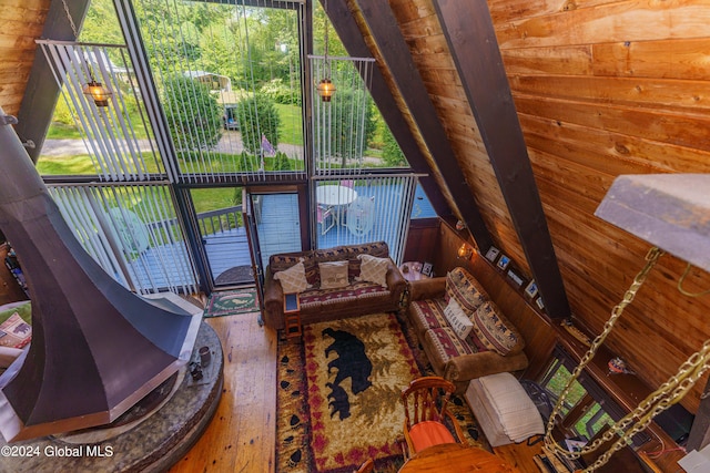 17 Oak Cir, Day, NY 12835 - living room with hardwood / wood-style flooring and wooden walls