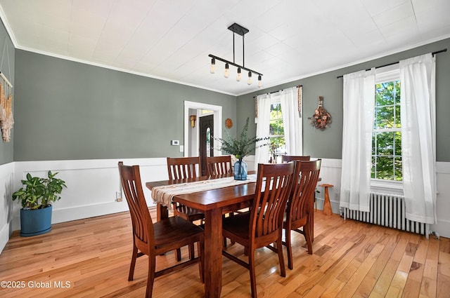 784 Ny Highway 351, Poestenkill, NY 12140 - dining room with radiator, ornamental molding, light wood-style floors, wainscoting, and rail lighting