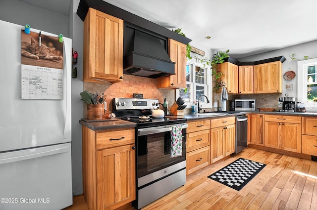 784 Ny Highway 351, Poestenkill, NY 12140 - kitchen featuring stainless steel appliances, premium range hood, a sink, backsplash, and light wood-style flooring