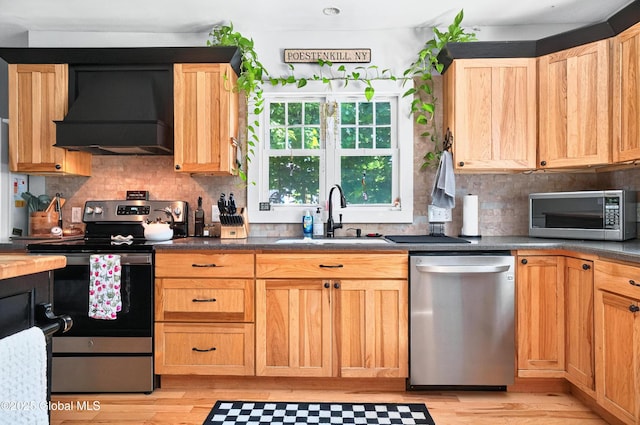 784 Ny Highway 351, Poestenkill, NY 12140 - kitchen with stainless steel appliances, custom range hood, a sink, tasteful backsplash, and dark countertops
