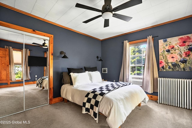 784 Ny Highway 351, Poestenkill, NY 12140 - bedroom with radiator, carpet, ornamental molding, a closet, and a ceiling fan