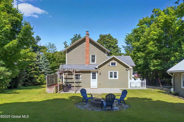 784 Ny Highway 351, Poestenkill, NY 12140 - rear view of property with a pergola, an outdoor fire pit, a chimney, and a patio area
