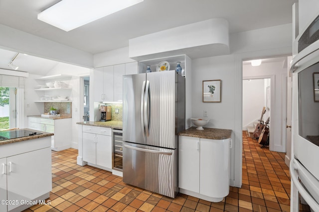 20 Darroch Rd, Bethlehem, NY 12054 - kitchen featuring freestanding refrigerator, open shelves, white cabinetry, wine cooler, and black electric cooktop