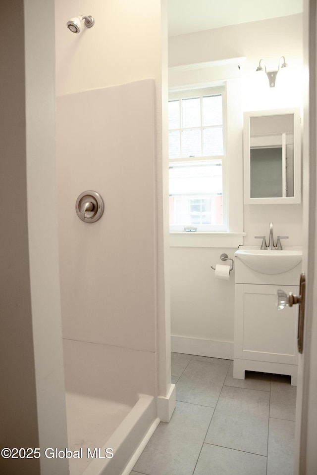 210 N Ballston Ave, Scotia, NY 12302 - full bath featuring vanity, tile patterned floors, a shower stall, and baseboards