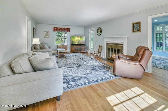 14 Woodridge Rd, Bethlehem, NY 12054 - living area featuring wood finished floors, a fireplace with flush hearth, and crown molding