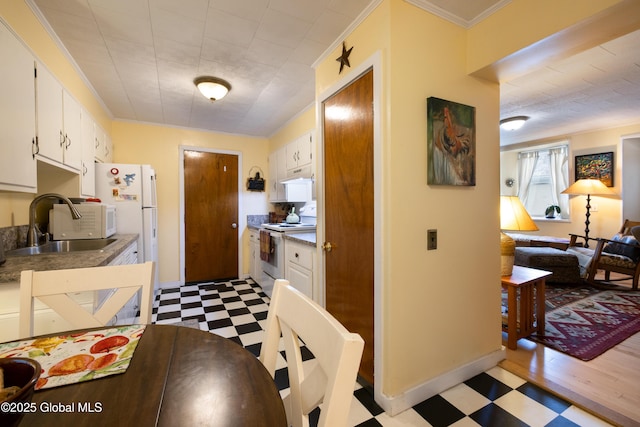 98 George St, Fort Ann, NY 12827 - kitchen with white appliances, light floors, under cabinet range hood, a sink, and crown molding