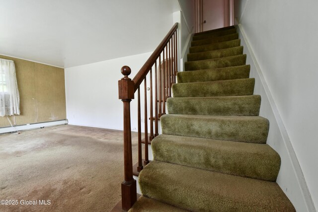 102 Willow St, Guilderland, NY 12084 - staircase with carpet and a baseboard radiator