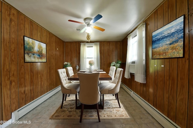 102 Willow St, Guilderland, NY 12084 - dining area featuring a baseboard radiator, wood walls, and ceiling fan
