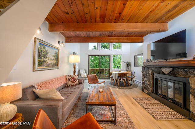 72 Hunter Dr Unit L5, Hunter, NY 12442 - living room with wood finished floors, wooden ceiling with exposed beams, and a stone fireplace