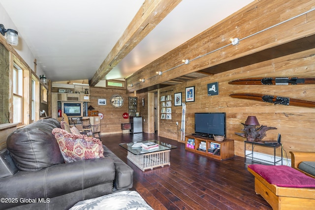 19 Knowles Rd, Rensselaerville, NY 12469 - living room with wooden walls, hardwood / wood-style floors, and beamed ceiling