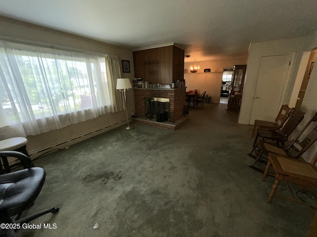 11 Calhoun Rd, Brunswick, NY 12180 - unfurnished living room featuring baseboard heating, a chandelier, and carpet flooring