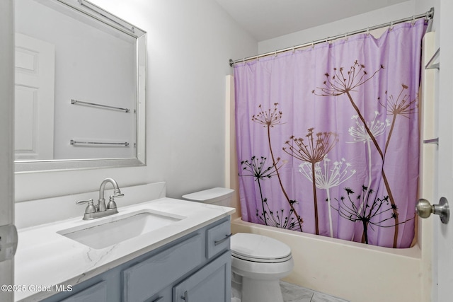19 Runnel Dr, Colonie, NY 12304 - full bath with vanity, toilet, shower / tub combo with curtain, and marble look tile flooring