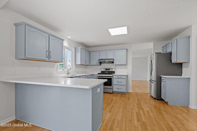 19 Runnel Dr, Colonie, NY 12304 - kitchen with stainless steel appliances, under cabinet range hood, a peninsula, a sink, and gray cabinetry