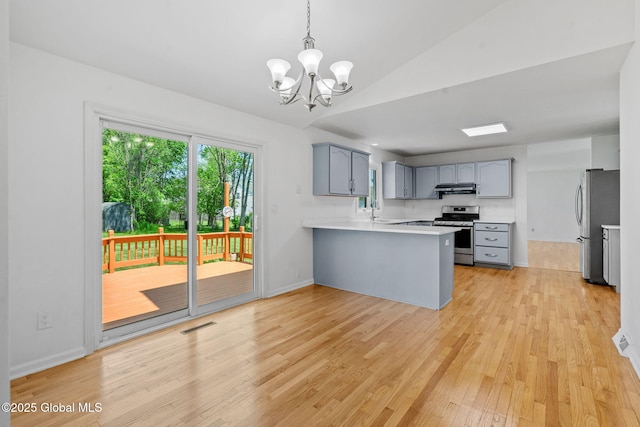 19 Runnel Dr, Colonie, NY 12304 - kitchen featuring stainless steel appliances, a peninsula, a chandelier, under cabinet range hood, and light wood-type flooring