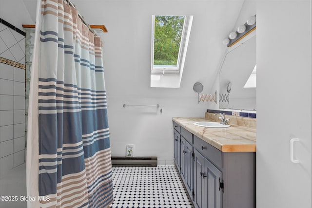 21 Hemlock Dr, Greenfield, NY 12833 - bathroom featuring vanity, a skylight, curtained shower, and baseboard heating