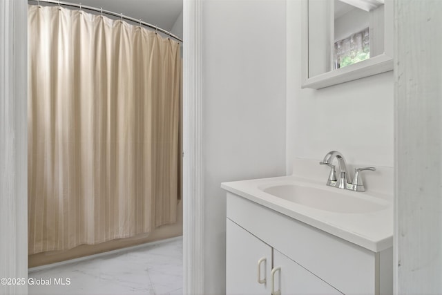 21 Hemlock Dr, Greenfield, NY 12833 - full bathroom featuring marble finish flooring, vanity, and curtained shower