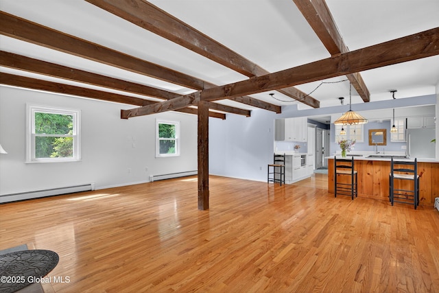 21 Hemlock Dr, Greenfield, NY 12833 - unfurnished living room featuring baseboard heating, beamed ceiling, and light wood finished floors