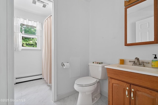 21 Hemlock Dr, Greenfield, NY 12833 - bathroom featuring a baseboard heating unit, vanity, marble look tiles, and a shower with curtain