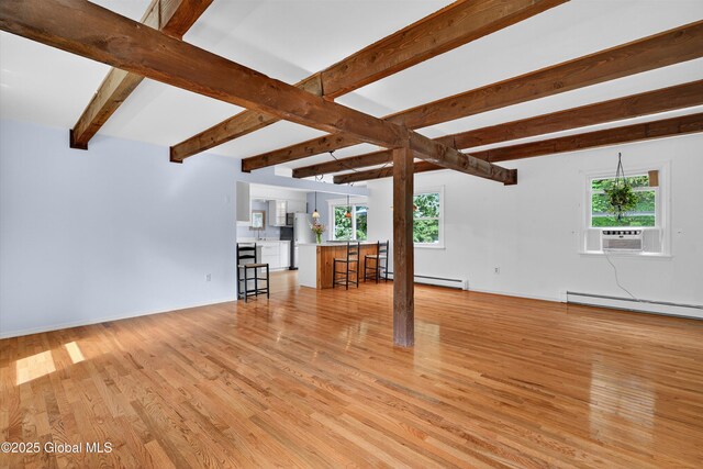 21 Hemlock Dr, Greenfield, NY 12833 - unfurnished living room with cooling unit, plenty of natural light, light wood-style flooring, beamed ceiling, and a baseboard heating unit