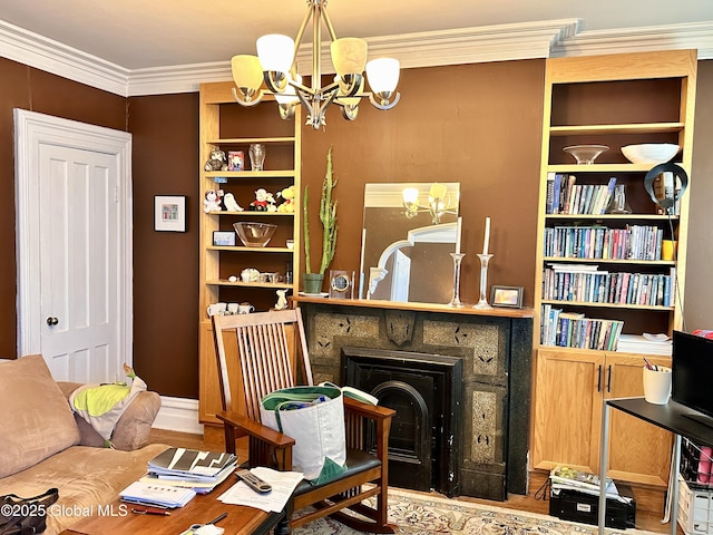 369 Madison Ave, Albany, NY 12210 - sitting room featuring a chandelier, crown molding, built in shelves, and wood finished floors