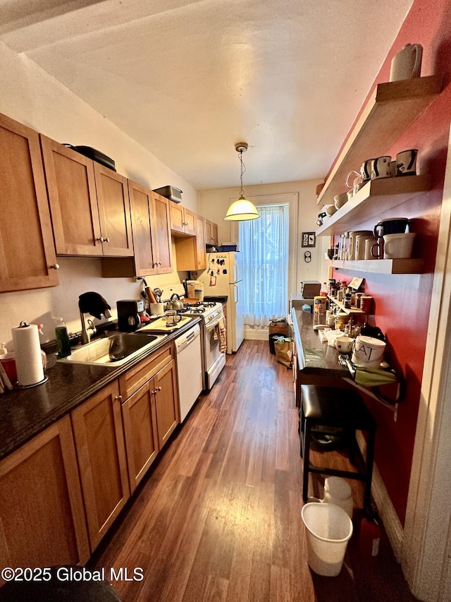 369 Madison Ave, Albany, NY 12210 - kitchen with a sink, dark wood-style floors, white appliances, open shelves, and dark countertops