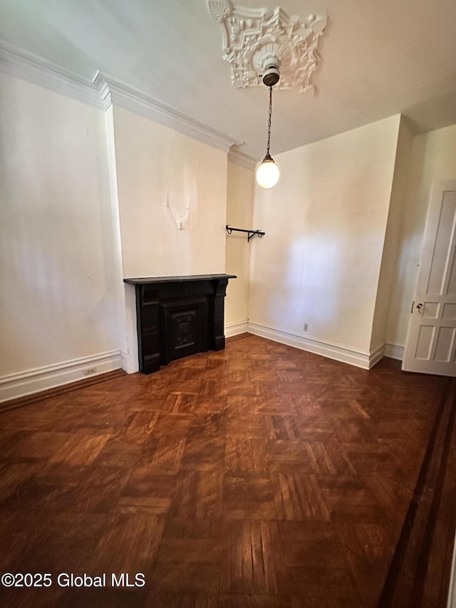 369 Madison Ave, Albany, NY 12210 - unfurnished dining area with ornamental molding, baseboards, and a chandelier