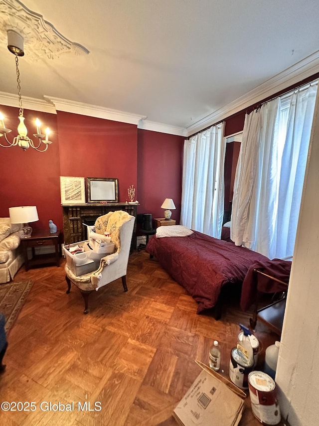 369 Madison Ave, Albany, NY 12210 - bedroom featuring a chandelier and ornamental molding