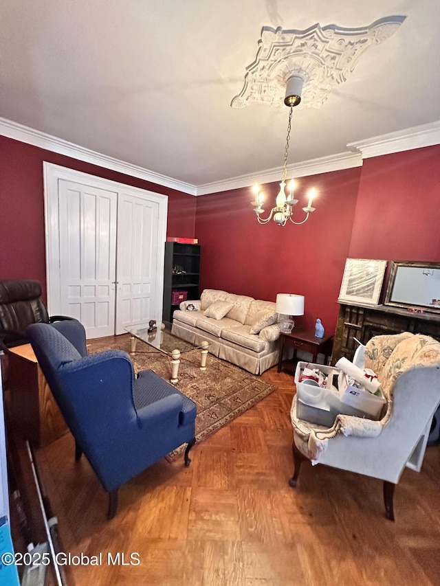 369 Madison Ave, Albany, NY 12210 - living room featuring ornamental molding and a chandelier