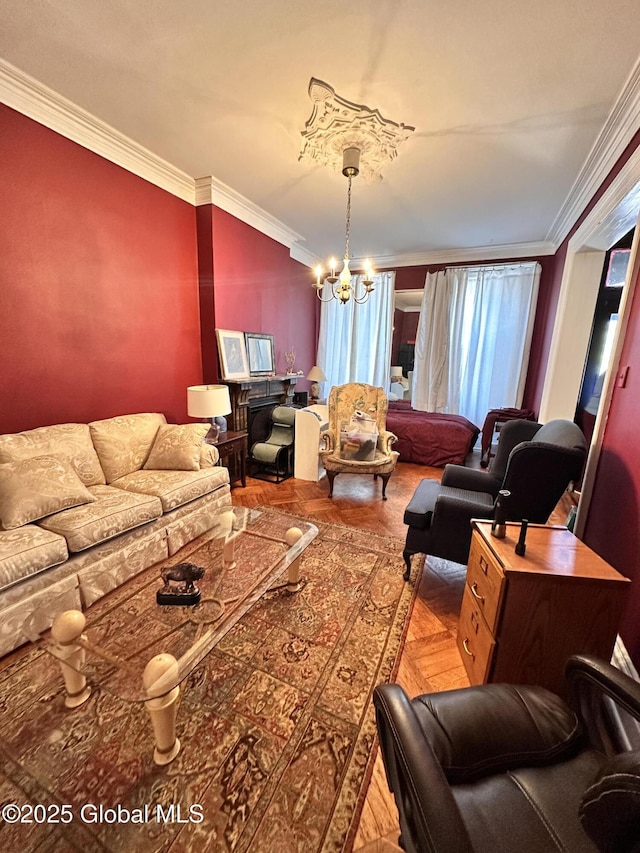 369 Madison Ave, Albany, NY 12210 - living room with crown molding and a chandelier