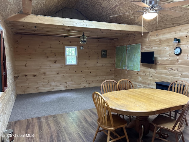10 W Tucker Rd, Stony Creek, NY 12878 - dining room with wooden walls, ceiling fan, and wood finished floors