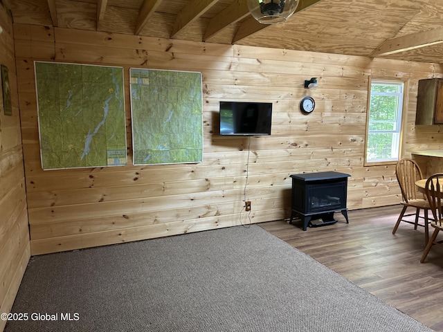 10 W Tucker Rd, Stony Creek, NY 12878 - living room featuring a wood stove, wood walls, and wood finished floors